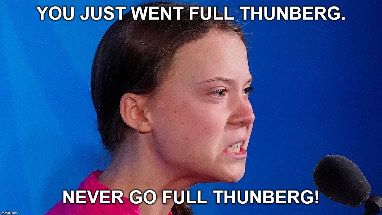 YOU JUST WENT FULL THUNBERG. NEVER GO FULL THUNBERG! | image tagged in greta thunberg,marxism,climate | made w/ Imgflip meme maker