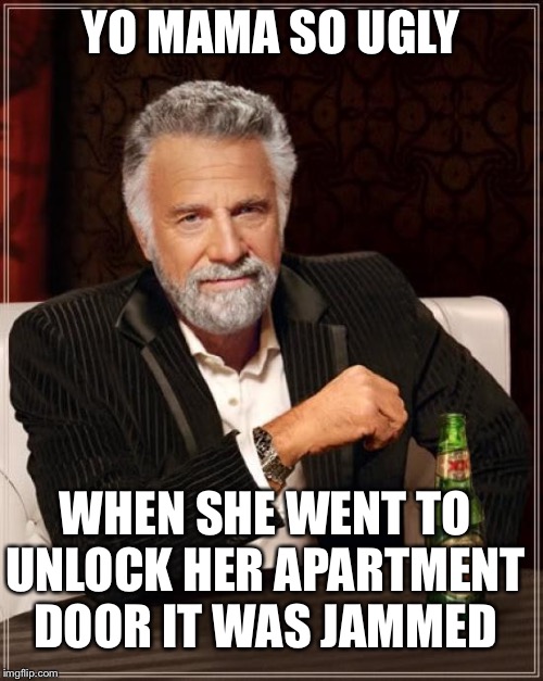 The Most Interesting Man In The World Meme | YO MAMA SO UGLY; WHEN SHE WENT TO UNLOCK HER APARTMENT DOOR IT WAS JAMMED | image tagged in memes,the most interesting man in the world | made w/ Imgflip meme maker