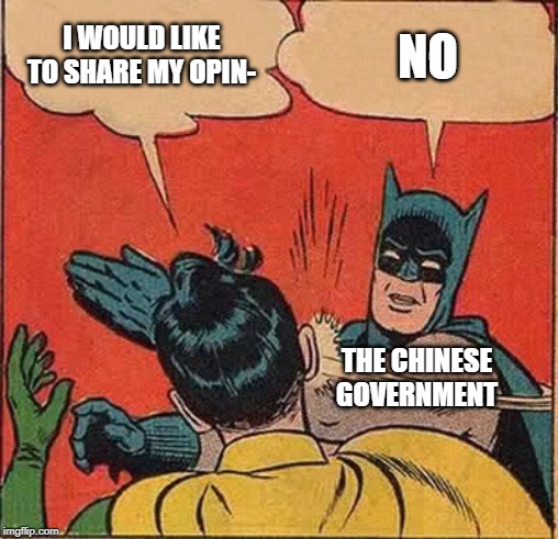 Batman Slapping Robin | I WOULD LIKE TO SHARE MY OPIN-; NO; THE CHINESE GOVERNMENT | image tagged in memes,batman slapping robin | made w/ Imgflip meme maker