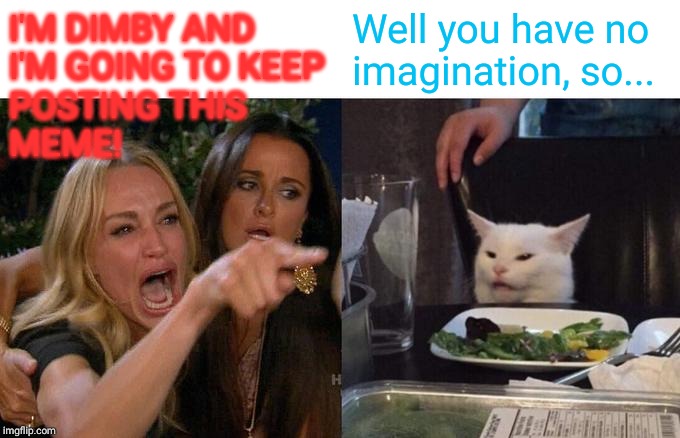 Woman Yelling At Cat Meme | I'M DIMBY AND I'M GOING TO KEEP POSTING THIS MEME! Well you have no imagination, so... | image tagged in memes,woman yelling at cat | made w/ Imgflip meme maker