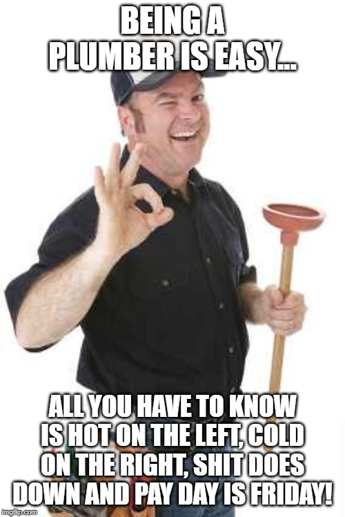 The Easiest Craft | BEING A PLUMBER IS EASY... ALL YOU HAVE TO KNOW IS HOT ON THE LEFT, COLD ON THE RIGHT, SHIT DOES DOWN AND PAY DAY IS FRIDAY! | image tagged in plumber | made w/ Imgflip meme maker