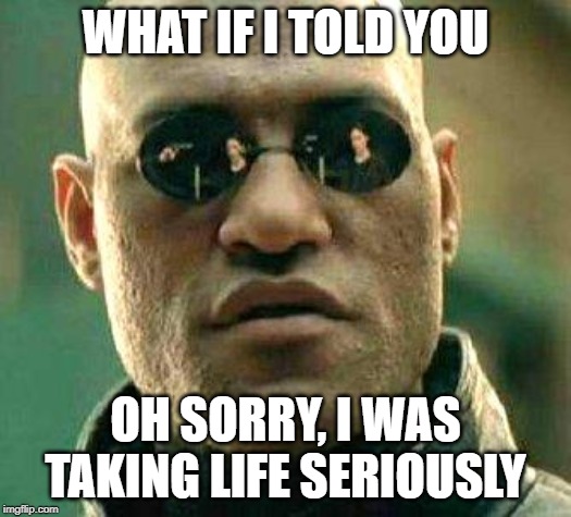 What if i told you | WHAT IF I TOLD YOU; OH SORRY, I WAS TAKING LIFE SERIOUSLY | image tagged in what if i told you | made w/ Imgflip meme maker