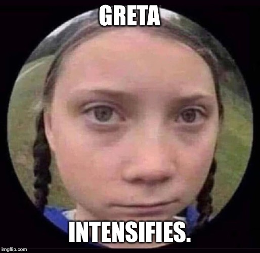 Greta intensifies | GRETA; INTENSIFIES. | image tagged in greta thunberg | made w/ Imgflip meme maker