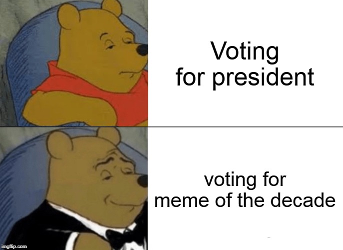 Vote now! | Voting for president; voting for meme of the decade | image tagged in memes,tuxedo winnie the pooh,meme of the decade | made w/ Imgflip meme maker