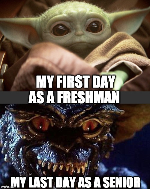 Freshman vs Senior | MY FIRST DAY AS A FRESHMAN; MY LAST DAY AS A SENIOR | image tagged in freshman meme,senior meme,freshmen humor,senior humor,school meme,school humor | made w/ Imgflip meme maker