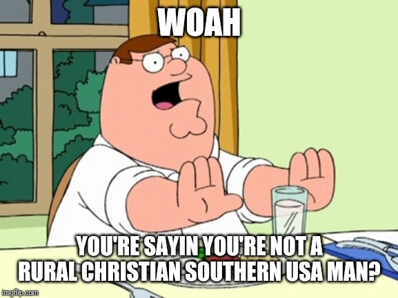 Peter Griffin WOAH | WOAH YOU'RE SAYIN YOU'RE NOT A RURAL CHRISTIAN SOUTHERN USA MAN? | image tagged in peter griffin woah | made w/ Imgflip meme maker