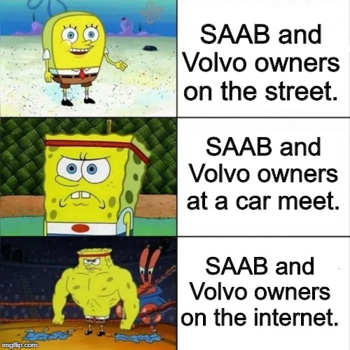 Bulky sponge bob | SAAB and Volvo owners on the street. SAAB and Volvo owners at a car meet. SAAB and Volvo owners on the internet. | image tagged in bulky sponge bob | made w/ Imgflip meme maker