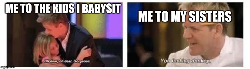 Gordon Ramsay kids vs adults | ME TO THE KIDS I BABYSIT; ME TO MY SISTERS | image tagged in gordon ramsay kids vs adults | made w/ Imgflip meme maker
