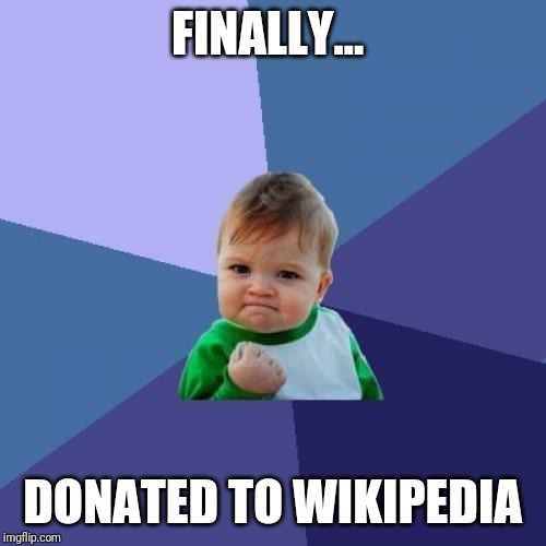 Success Kid Meme | FINALLY... DONATED TO WIKIPEDIA | image tagged in memes,success kid | made w/ Imgflip meme maker
