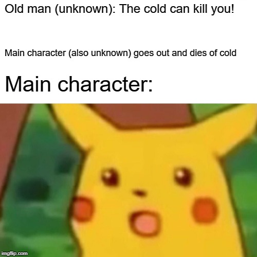 Surprised Pikachu | Old man (unknown): The cold can kill you! Main character (also unknown) goes out and dies of cold; Main character: | image tagged in memes,surprised pikachu | made w/ Imgflip meme maker
