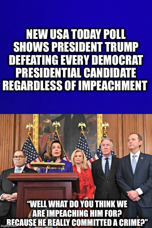 The Democratic party: The greatest enemy this country has ever faced. | NEW USA TODAY POLL SHOWS PRESIDENT TRUMP DEFEATING EVERY DEMOCRAT PRESIDENTIAL CANDIDATE REGARDLESS OF IMPEACHMENT; “WELL WHAT DO YOU THINK WE ARE IMPEACHING HIM FOR? BECAUSE HE REALLY COMMITTED A CRIME?” | image tagged in trump impeachment,democrats,democratic party,democrat congressmen | made w/ Imgflip meme maker