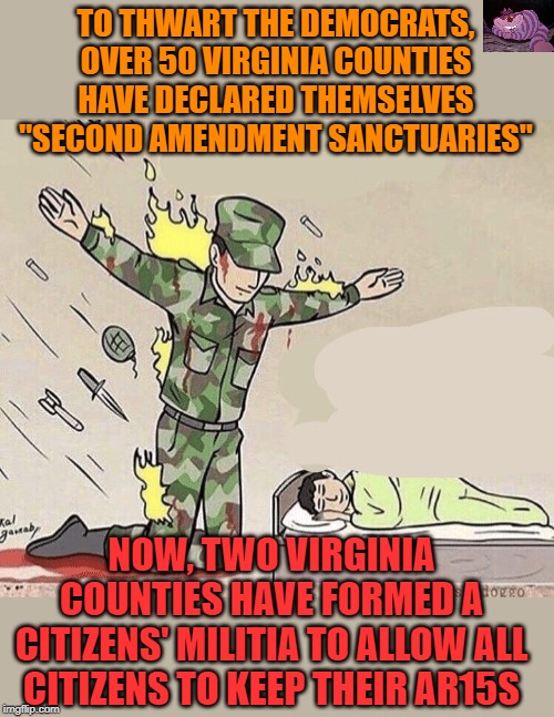 Don't tread on the people. | TO THWART THE DEMOCRATS, OVER 50 VIRGINIA COUNTIES HAVE DECLARED THEMSELVES "SECOND AMENDMENT SANCTUARIES"; NOW, TWO VIRGINIA COUNTIES HAVE FORMED A CITIZENS' MILITIA TO ALLOW ALL CITIZENS TO KEEP THEIR AR15S | image tagged in soldier protecting child | made w/ Imgflip meme maker