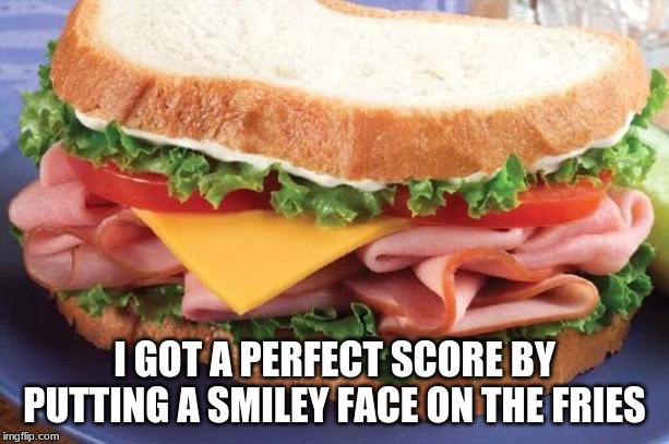 papas cheeseria be like | I GOT A PERFECT SCORE BY PUTTING A SMILEY FACE ON THE FRIES | image tagged in sandwich,papa louie | made w/ Imgflip meme maker