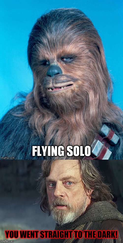 Too soon? | YOU WENT STRAIGHT TO THE DARK! | image tagged in star wars memes,too soon,the dark side,chewbacca,chewie,han solo | made w/ Imgflip meme maker