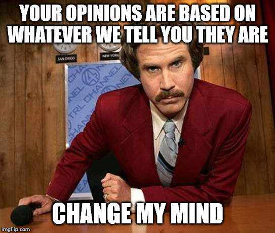 Ron Has A Point | YOUR OPINIONS ARE BASED ON WHATEVER WE TELL YOU THEY ARE; CHANGE MY MIND | image tagged in ron burgundy,politics,political meme | made w/ Imgflip meme maker