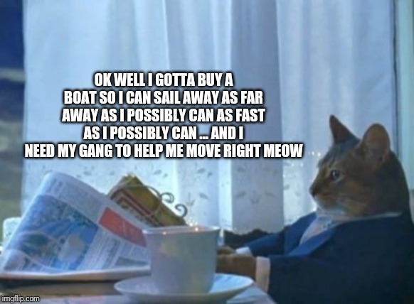 I Should Buy A Boat Cat | OK WELL I GOTTA BUY A BOAT SO I CAN SAIL AWAY AS FAR AWAY AS I POSSIBLY CAN AS FAST AS I POSSIBLY CAN ... AND I NEED MY GANG TO HELP ME MOVE RIGHT MEOW | image tagged in memes,i should buy a boat cat,cat memes,cats,funny cat memes | made w/ Imgflip meme maker