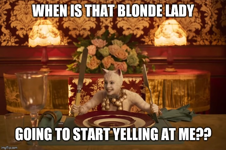 peckish Cats movie | WHEN IS THAT BLONDE LADY; GOING TO START YELLING AT ME?? | image tagged in peckish cats movie | made w/ Imgflip meme maker