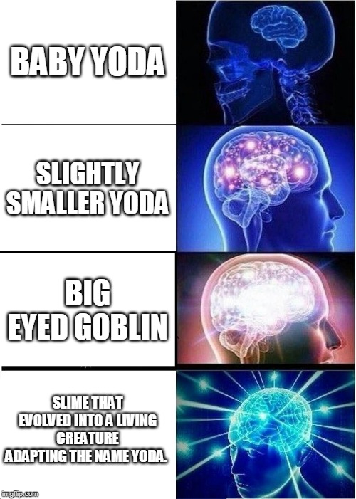Expanding Brain | BABY YODA; SLIGHTLY SMALLER YODA; BIG EYED GOBLIN; SLIME THAT EVOLVED INTO A LIVING CREATURE ADAPTING THE NAME YODA. | image tagged in memes,expanding brain | made w/ Imgflip meme maker