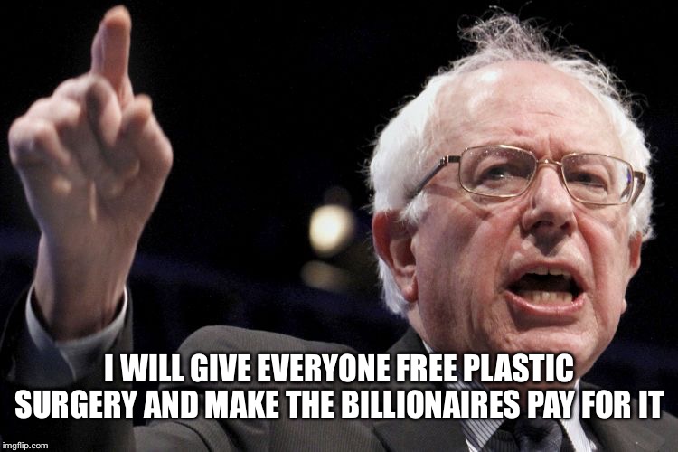 Bernie Sanders | I WILL GIVE EVERYONE FREE PLASTIC SURGERY AND MAKE THE BILLIONAIRES PAY FOR IT | image tagged in bernie sanders | made w/ Imgflip meme maker