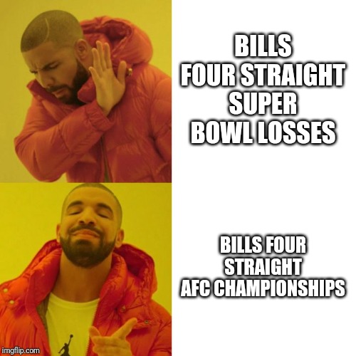 Sports | BILLS FOUR STRAIGHT SUPER BOWL LOSSES; BILLS FOUR STRAIGHT AFC CHAMPIONSHIPS | image tagged in drake blank | made w/ Imgflip meme maker