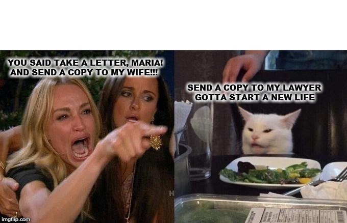 Woman Yelling At Cat | YOU SAID TAKE A LETTER, MARIA!
 AND SEND A COPY TO MY WIFE!!! SEND A COPY TO MY LAWYER 
      GOTTA START A NEW LIFE | image tagged in memes,woman yelling at cat | made w/ Imgflip meme maker