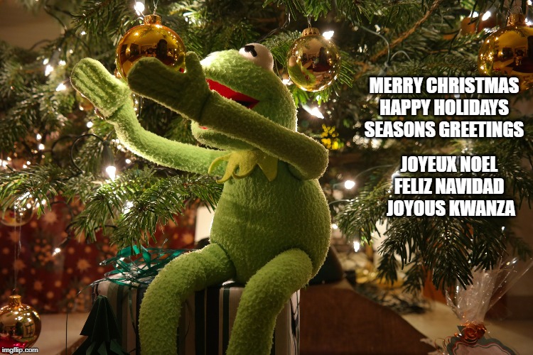 kermit christmas ball | MERRY CHRISTMAS HAPPY HOLIDAYS SEASONS GREETINGS; JOYEUX NOEL FELIZ NAVIDAD  JOYOUS KWANZA | image tagged in kermit christmas ball | made w/ Imgflip meme maker