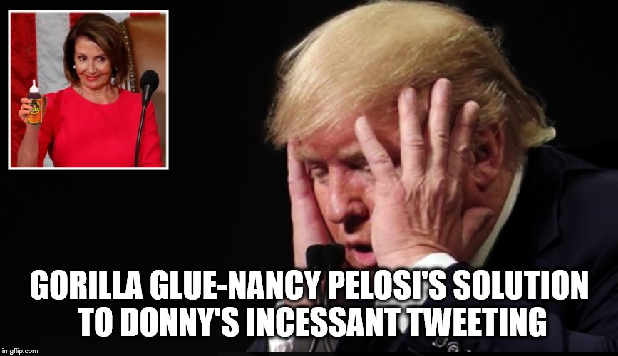How To Shut-Up  America's Biggest Idiot | GORILLA GLUE-NANCY PELOSI'S SOLUTION
 TO DONNY'S INCESSANT TWEETING | image tagged in nancy pelosi,donald trump,trump is a moron,impeach trump,donald trump is an idiot | made w/ Imgflip meme maker