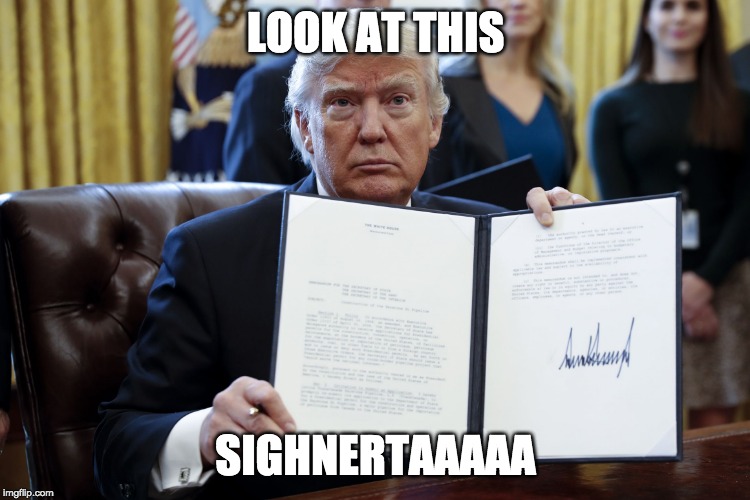 Donald Trump Executive Order | LOOK AT THIS; SIGHNERTAAAAA | image tagged in donald trump executive order | made w/ Imgflip meme maker