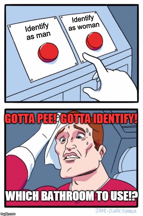 Hurry up and choose!  Before it's too late! | GOTTA PEE!  GOTTA IDENTIFY! WHICH BATHROOM TO USE!? | image tagged in memes,two buttons,transgender bathroom | made w/ Imgflip meme maker