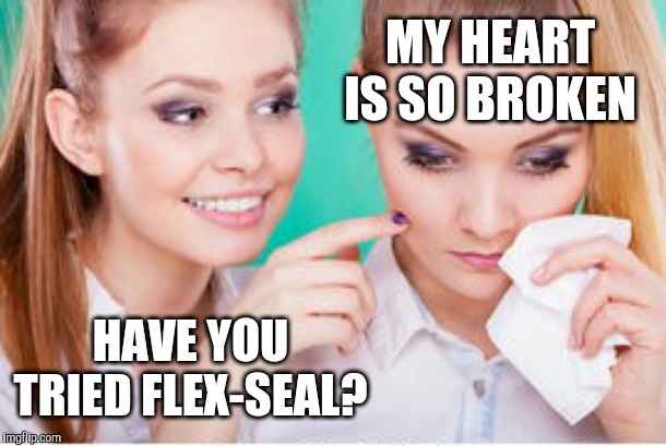 Heartbreak | MY HEART IS SO BROKEN; HAVE YOU TRIED FLEX-SEAL? | image tagged in flex seal | made w/ Imgflip meme maker