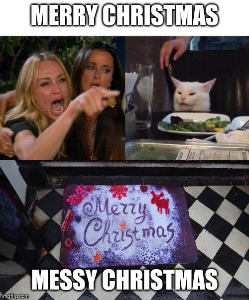 MERRY CHRISTMAS; MESSY CHRISTMAS | image tagged in memes,woman yelling at cat | made w/ Imgflip meme maker