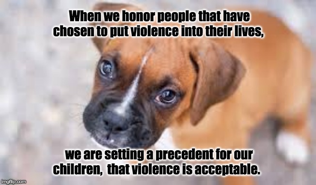 When we honor people that have chosen to put violence into their lives, we are setting a precedent for our children,  that violence is acceptable. | image tagged in end dog fighting,take responsibility | made w/ Imgflip meme maker