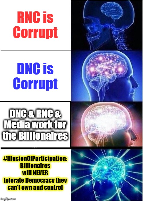 Illusion of Participation | RNC is Corrupt; DNC is Corrupt; DNC & RNC & Media work for the Billionaires; #IllusionOfParticipation: Billionaires will NEVER tolerate Democracy they can't own and control | image tagged in memes,expanding brain,oligarchy,its all fake | made w/ Imgflip meme maker