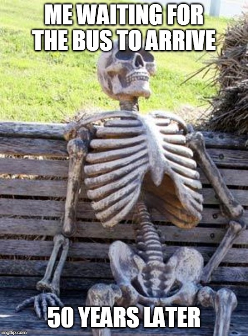 Waiting Skeleton | ME WAITING FOR THE BUS TO ARRIVE; 50 YEARS LATER | image tagged in memes,waiting skeleton | made w/ Imgflip meme maker