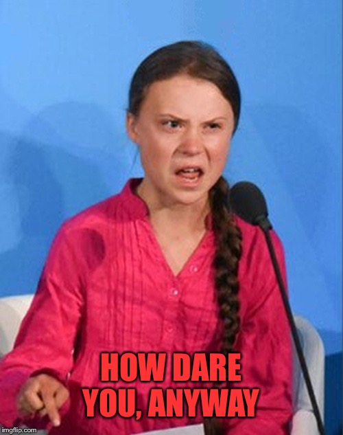 Greta Thunberg how dare you | HOW DARE YOU, ANYWAY | image tagged in greta thunberg how dare you | made w/ Imgflip meme maker