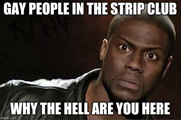 Kevin Hart Meme | GAY PEOPLE IN THE STRIP CLUB; WHY THE HELL ARE YOU HERE | image tagged in memes,kevin hart | made w/ Imgflip meme maker