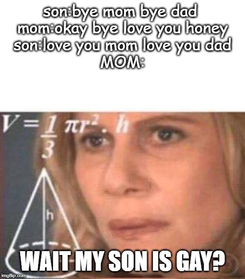 son:bye mom bye dad 

mom:okay bye love you honey
son:love you mom love you dad
MOM:; WAIT MY SON IS GAY? | image tagged in math lady/confused lady | made w/ Imgflip meme maker