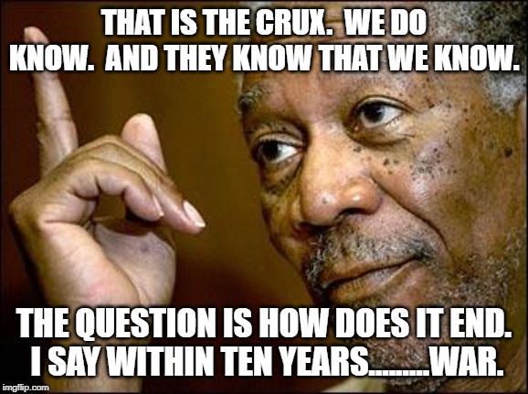 This Morgan Freeman | THAT IS THE CRUX.  WE DO KNOW.  AND THEY KNOW THAT WE KNOW. THE QUESTION IS HOW DOES IT END.  I SAY WITHIN TEN YEARS.........WAR. | image tagged in this morgan freeman | made w/ Imgflip meme maker
