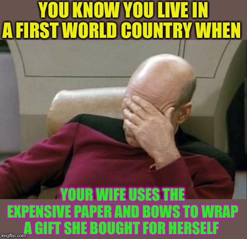 Ho ho..oh no ! | YOU KNOW YOU LIVE IN A FIRST WORLD COUNTRY WHEN; YOUR WIFE USES THE EXPENSIVE PAPER AND BOWS TO WRAP A GIFT SHE BOUGHT FOR HERSELF | image tagged in memes,captain picard facepalm,first world,waste of time,waste of money,christmas | made w/ Imgflip meme maker