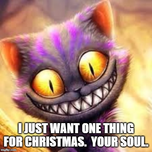Crazy cat | I JUST WANT ONE THING FOR CHRISTMAS.  YOUR SOUL. | image tagged in crazy cat | made w/ Imgflip meme maker