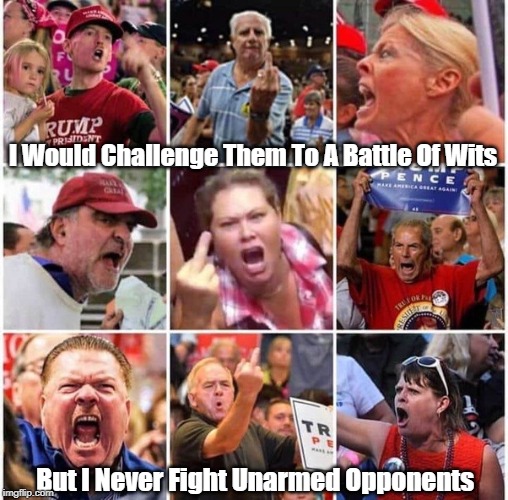 "I Would Challenge Them To A Battle Of Wits But..." | I Would Challenge Them To A Battle Of Wits But I Never Fight Unarmed Opponents | image tagged in trumpistas,trump cultists,conservative christians,dunning kruger | made w/ Imgflip meme maker