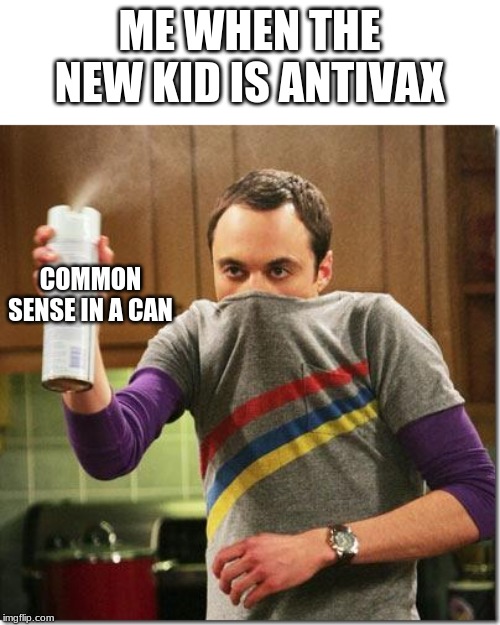 air freshener sheldon cooper | ME WHEN THE NEW KID IS ANTIVAX; COMMON SENSE IN A CAN | image tagged in air freshener sheldon cooper | made w/ Imgflip meme maker