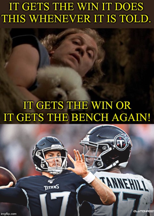IT GETS THE WIN IT DOES THIS WHENEVER IT IS TOLD. IT GETS THE WIN OR IT GETS THE BENCH AGAIN! | image tagged in tennessee,titans,nfl memes,nfl,football,quarterback | made w/ Imgflip meme maker