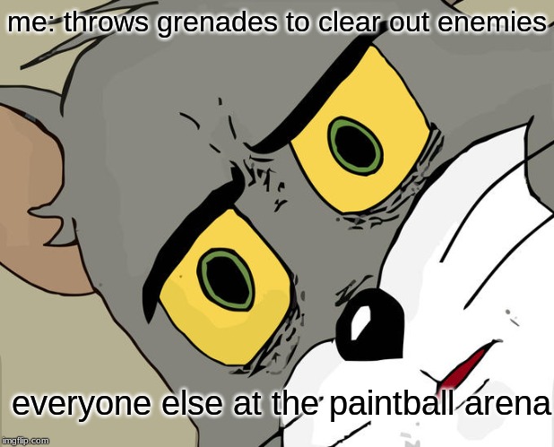 Unsettled Tom Meme | me: throws grenades to clear out enemies; everyone else at the paintball arena | image tagged in memes,unsettled tom | made w/ Imgflip meme maker