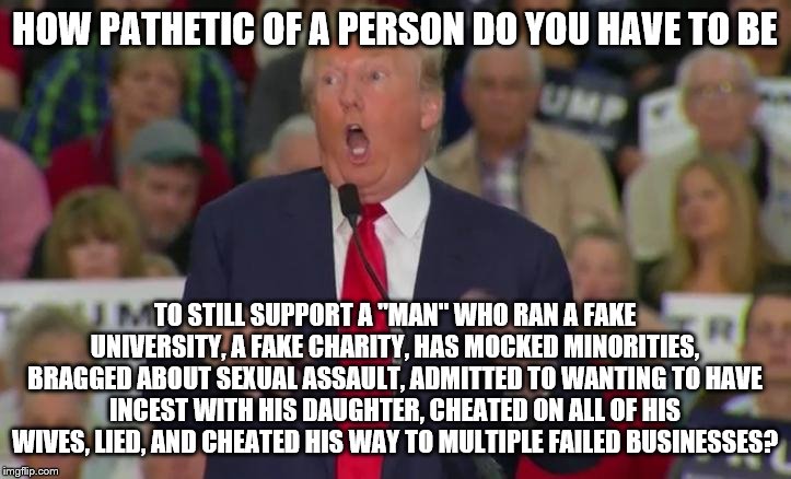 Donald Trump Mocking Disabled | HOW PATHETIC OF A PERSON DO YOU HAVE TO BE; TO STILL SUPPORT A "MAN" WHO RAN A FAKE UNIVERSITY, A FAKE CHARITY, HAS MOCKED MINORITIES, BRAGGED ABOUT SEXUAL ASSAULT, ADMITTED TO WANTING TO HAVE INCEST WITH HIS DAUGHTER, CHEATED ON ALL OF HIS WIVES, LIED, AND CHEATED HIS WAY TO MULTIPLE FAILED BUSINESSES? | image tagged in donald trump mocking disabled | made w/ Imgflip meme maker