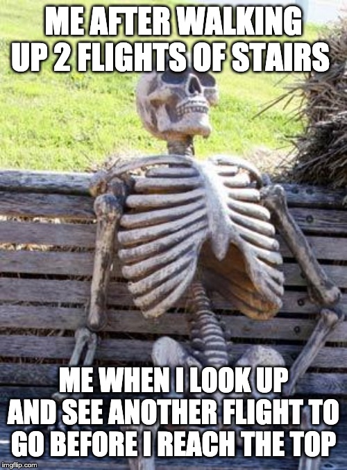 Waiting Skeleton Meme | ME AFTER WALKING UP 2 FLIGHTS OF STAIRS; ME WHEN I LOOK UP AND SEE ANOTHER FLIGHT TO GO BEFORE I REACH THE TOP | image tagged in memes,waiting skeleton | made w/ Imgflip meme maker