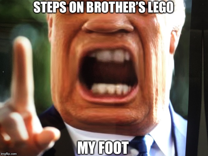 STEPS ON BROTHER’S LEGO; MY FOOT | image tagged in donald trump,legos | made w/ Imgflip meme maker