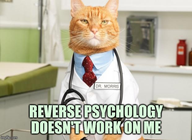 Cat Doctor | REVERSE PSYCHOLOGY DOESN'T WORK ON ME | image tagged in cat doctor | made w/ Imgflip meme maker