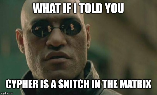 Matrix Morpheus Meme | WHAT IF I TOLD YOU; CYPHER IS A SNITCH IN THE MATRIX | image tagged in memes,matrix morpheus | made w/ Imgflip meme maker