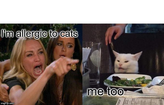 Woman Yelling At Cat Meme | I'm allergic to cats; me too | image tagged in memes,woman yelling at cat | made w/ Imgflip meme maker